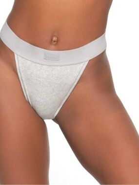 SKIMS Ribbed High Cut Cotton Thong in Light Heather Gray